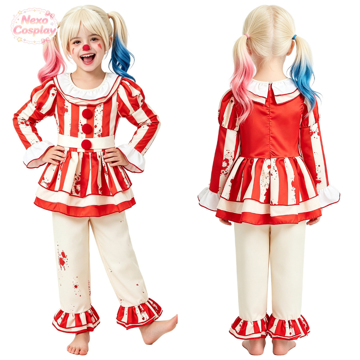 Kids Cosplay Anime - Dziecięcy czerwono-biały strój klauna w paski,